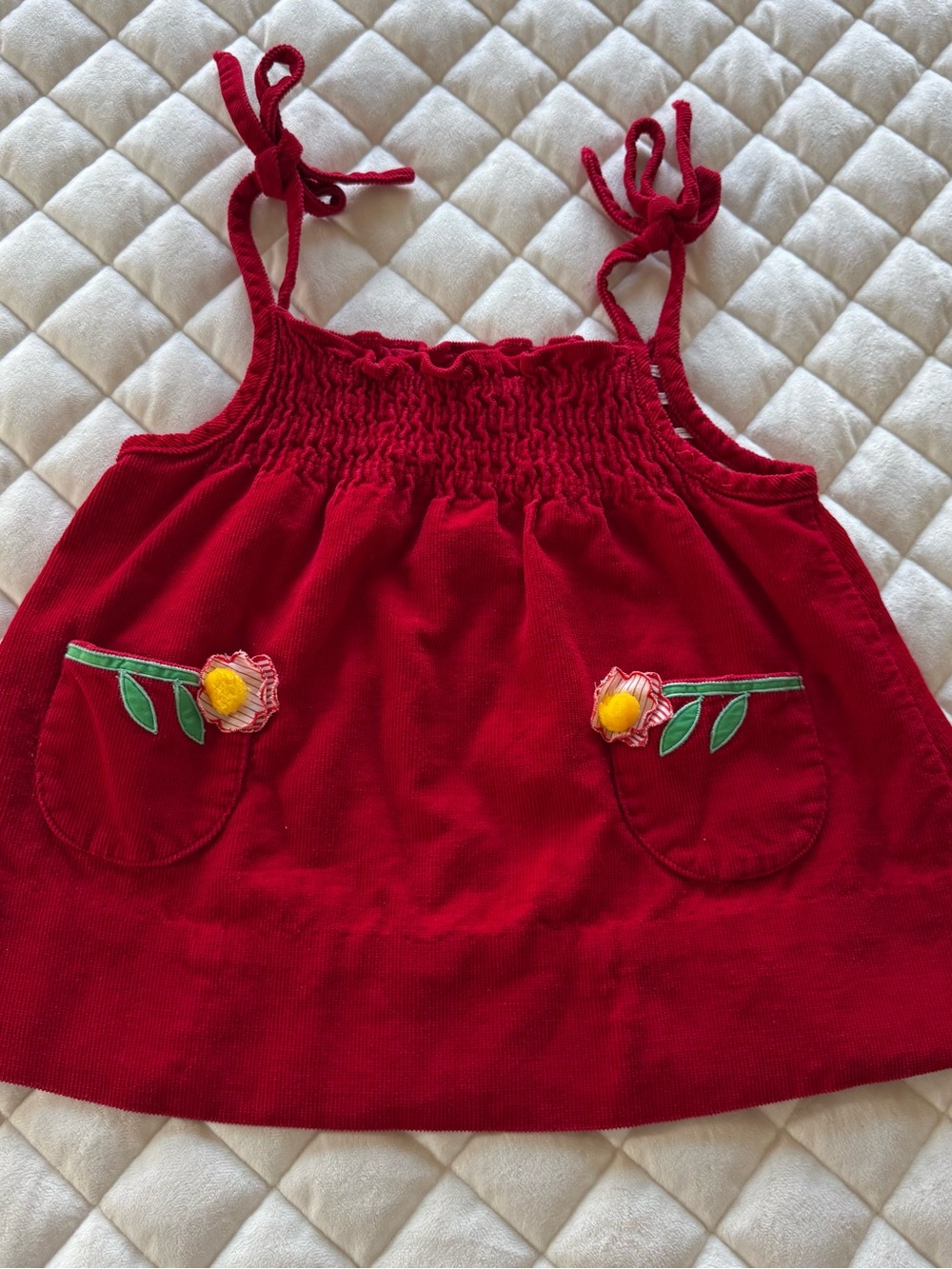 Vintage Toddler Girls Red Corduroy Smocked Dress Flower Applique Pockets 3T